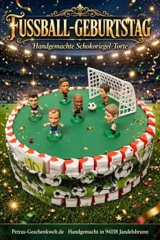 Handgemachte Fußball Schokoriegel Torte mit gelb-blauem Band und 100 Euro Geldscheinen als Geldgeschenk mit 8 Fußballspieler Figuren Tor und Fußball auf grünem Spielfeld - Unikat Petras-Geschenkwelt 94118 Jandelsbrunn
